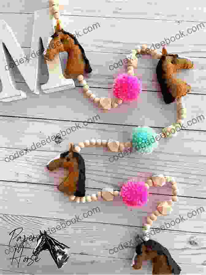 A Beautifully Crocheted Equestrian Themed Garland, Displayed Against A Rustic Wooden Background, Showcasing Its Vibrant Colors And Intricate Designs. Crochet Horses Ponies: 10 Adorable Projects For Horse Lovers (Crochet Kits)