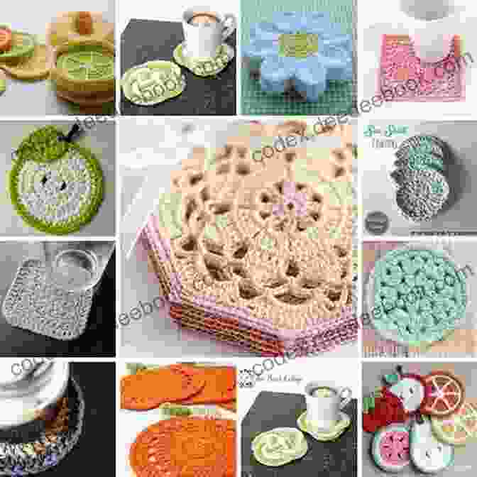 A Set Of Beautifully Crocheted Coasters Featuring Equestrian Themed Motifs, Displayed On A Wooden Surface. Crochet Horses Ponies: 10 Adorable Projects For Horse Lovers (Crochet Kits)